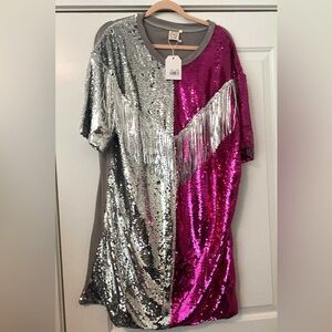 Sequin Fringe Mini Dress - Silver and Pink